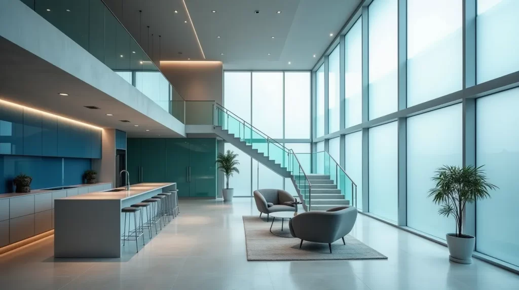 The Evolution of Glass in Modern Interior Design - Elegant interior showcasing modern glass partitions, smart glass technology, and stylish glass railings.