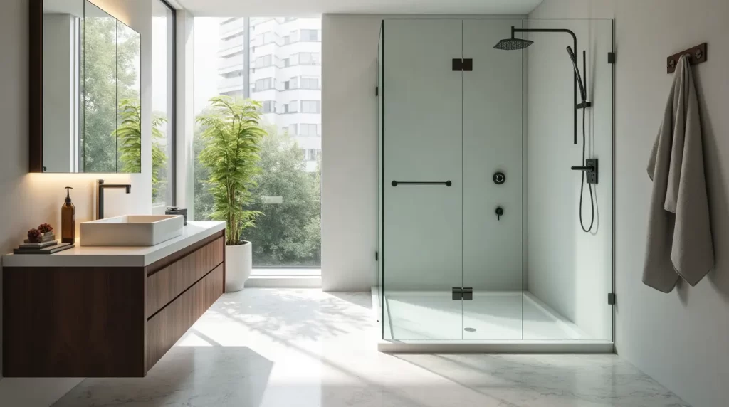 Custom bathroom glass installation by Crystal Glass.