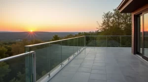 Modern frameless glass railings installed on a balcony overlooking Massachusetts landscape.