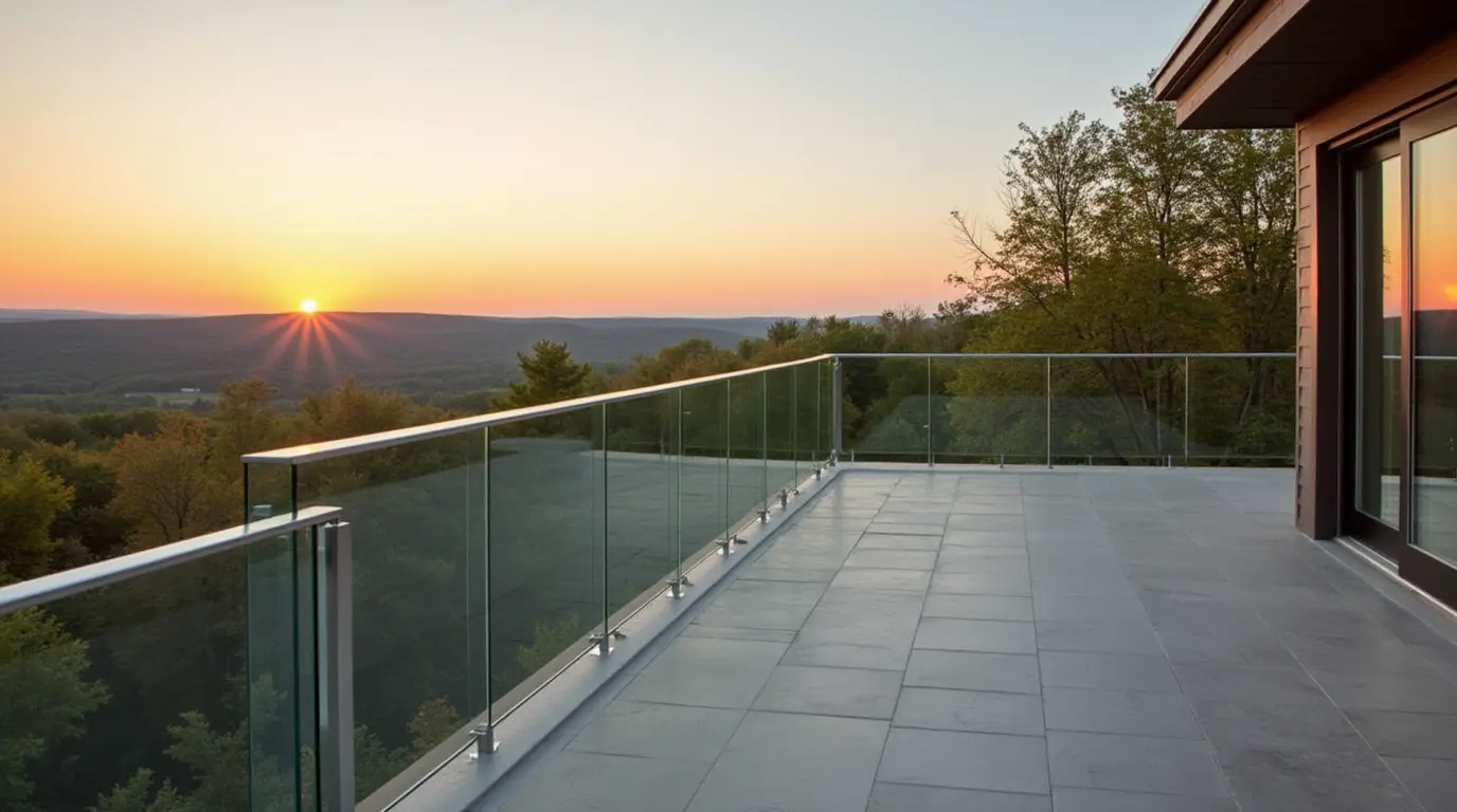 Modern frameless glass railings installed on a balcony overlooking Massachusetts landscape.