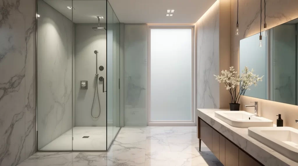 Modern frameless glass shower door installed in a luxury bathroom.