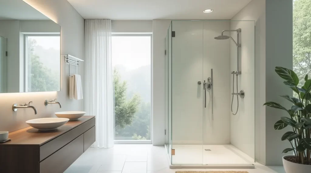 Modern bathroom with frameless shower doors and minimalist design