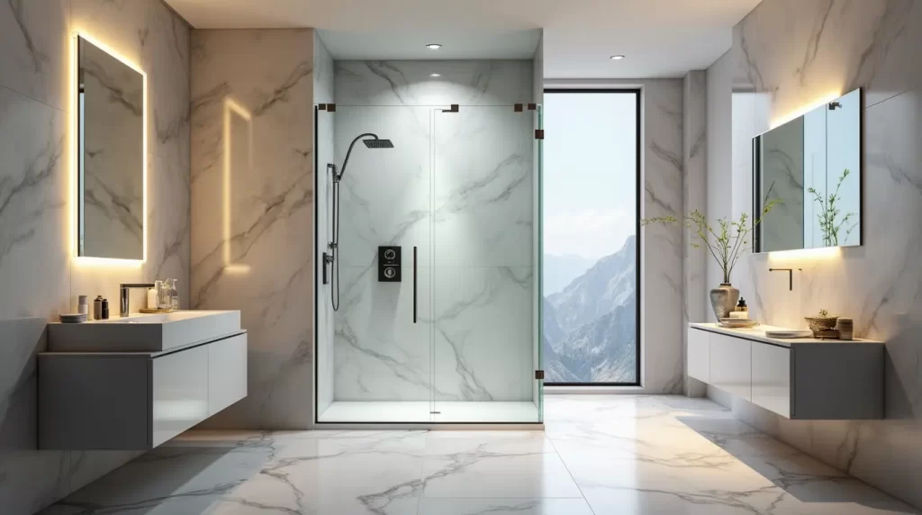 Frameless glass shower doors in Massachusetts enclosure in a modern bathroom