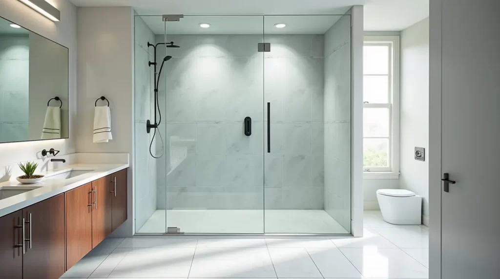 Frameless Glass Shower Doors installation by Crystal Glass in a modern bathroom.
