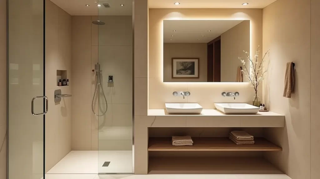 Frameless glass shower door in a sleek contemporary bathroom