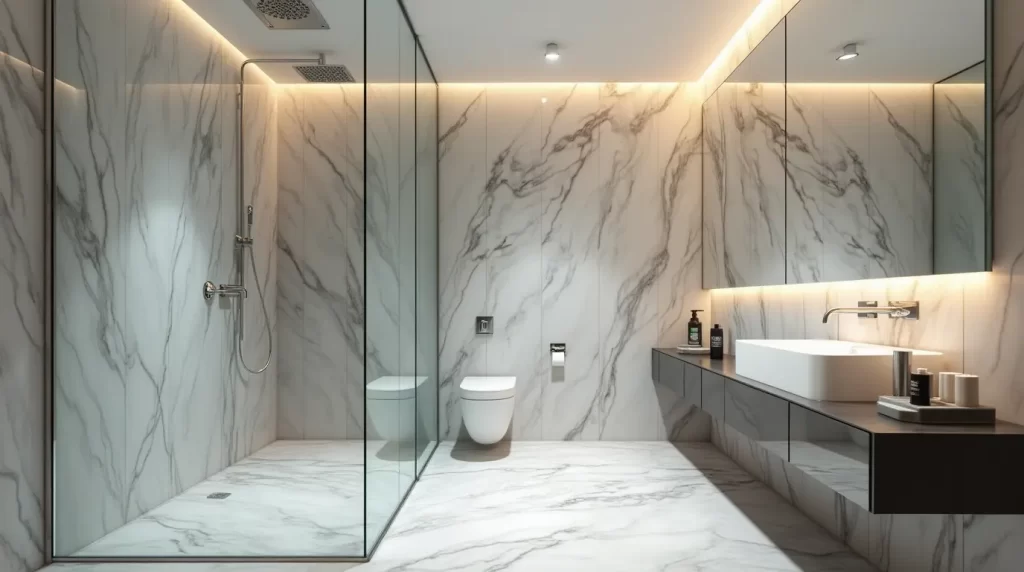 Sliding glass shower door in a sleek contemporary bathroom