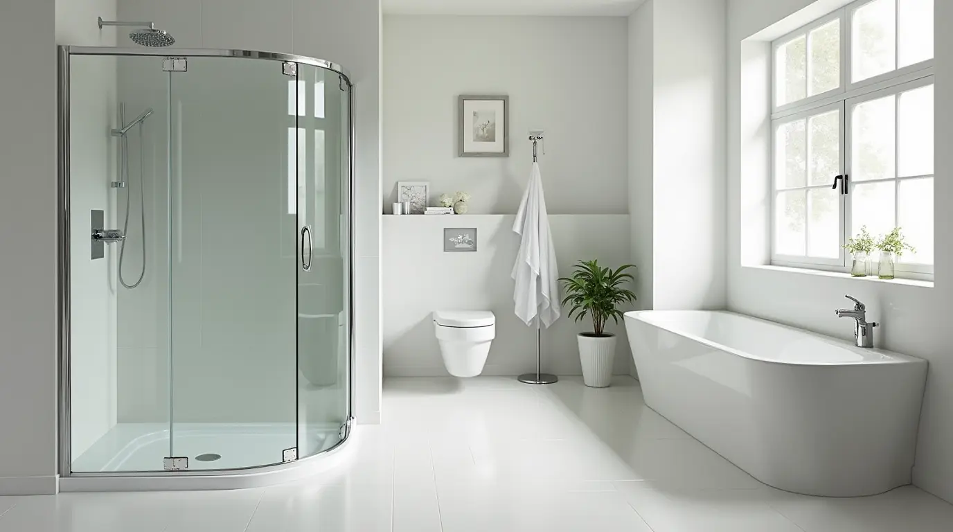 Frameless shower enclosure in a modern bathroom