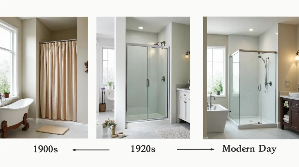 Early 1900s framed glass shower door with metal trim