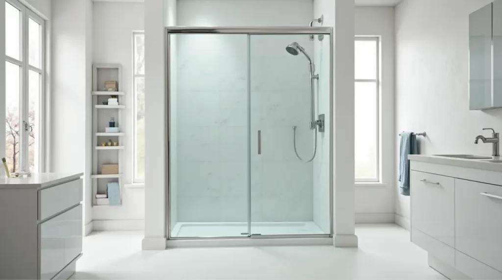 Modern bathroom featuring a sleek frameless glass shower door with elegant tiles and minimalist design.